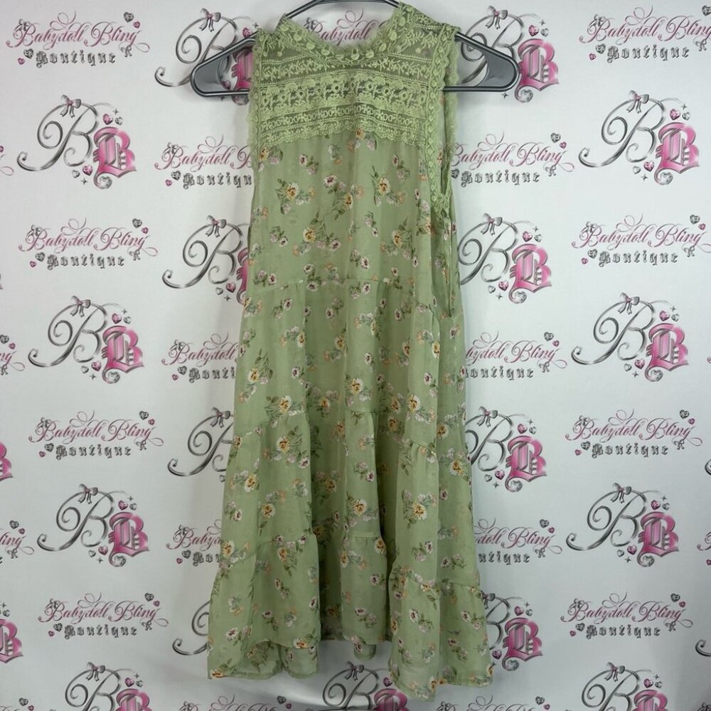 Dress sheer tiered ruffle flowers floral keyhole opening embroidered neckline